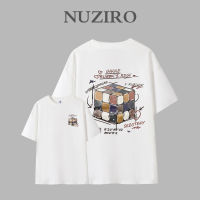 NUZIRO เสื้อยืดแขนสั้นพิมพ์ลายลูกบาศก์รูบิคทรงหลวมสำหรับผู้หญิงจากเกาหลี