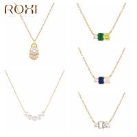 ROXI Geometry Colorful Zircon Crystal Pendant Necklaces For Women Chain 925 Sterling Silver Pearls Gold Necklace Choker Collares