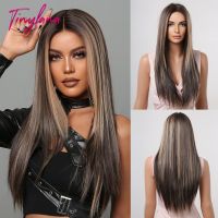 Dark Brown Mixed Golden Lace Front Synthetic Wigs Long Straight Highlight Wig for Black Women Cosplay Transparent Lace Wig Wig  Hair Extensions Pads