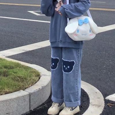 ‘；’ MEXZT Harajuku Women Korean Bear Jeans Cute Print Denim Wide Leg Pants Kawaii Y2K Hip Hop High Waist Straight Baggy Trousers New