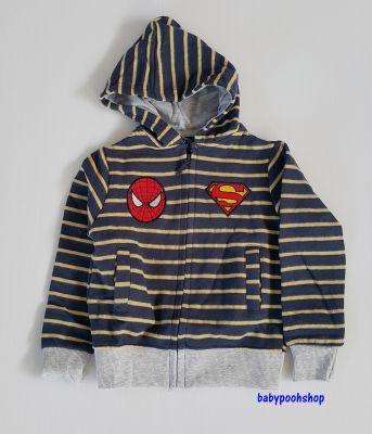 แจ็คเก็ทกันหนาว ซิปหน้า ลายขวาง ปักโลโก้ spiderman&amp;superman สีกรมคาดเหลือง size : 2 (1-2y) / 3 (2-3y) / 5(4-5y)