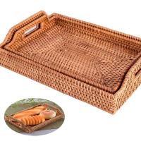 Woven Rectangular Storage Basket Handmade Rattan Food Tray Fruit Basket With Handle For Breakfast Drink Snack Severing Plate Set