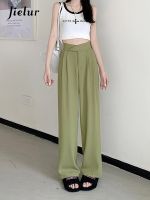 Jielur กางเกงขากว้างสำหรับผู้หญิงกางเกงเอวสูงกางเกงขายาวสีดำเขียวลำลองสาวออฟฟิซที่สง่างาม Celana Setelan S-XL