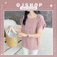 QJshop พร้อมส่ง?เสื้อคอกลม ลายทาง? เสื้อใส่ไปทำงาน เสื้อออฟฟิศหญิง แขนสั้นใส่แล้วดูผู้ดี ? รีบกดสั่งกันเข้ามานะลูกค้า