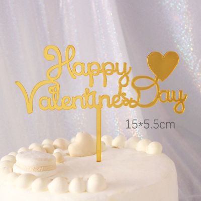 ท็อปเปอร์เค้ก1ชิ้นวันวาเลนไทน์สีทองอะคริลิคคัพเค้กหัวใจ Happy Love 1ชิ้นใหม่
