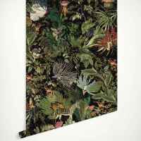 [hot]Menagerie of Extinct Animals Wall covering, restrore botanical forest with varies of ancient animals in dark color wallpaper