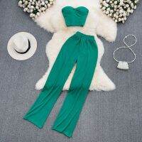 COD Fashion Suit Female Spice Girls Sexy Strapless Sleeveless Slim Top Two-Piece High Waist Drop Straight Casual Pants