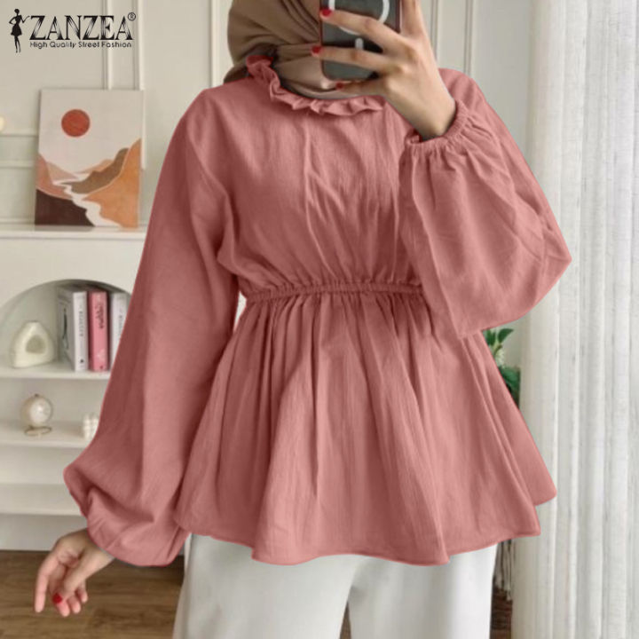 สินค้ามาใหม่-จัดส่งฟรี-fancystyle-zanzea-เสื้อมุสลิมแขนเสื้อนอก-a-line-มีระบาย-เสื้อมีเสื้อคอโอแต่งระบายสำหรับผู้หญิง