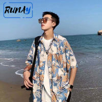 RUNAY ฤดูร้อนย้อนยุคเสื้อลายดอกไม้ผู้ชายแขนสั้นแนวโน้ม ruffian หล่อสไตล์ฮ่องกงหลวมฮาวายชายหาดเสื้อบาง