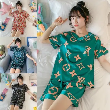 Women Silk Satin LV print Short Sleeve Pyjamas set Baju Tidur Sleepwear  Pajamas Suit