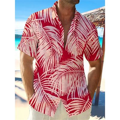 เสื้อฮาวายเสื้อเชิ้ตผู้ชายชายหาด5XL พิมพ์ลายใบไม้ปกคิวบาแขนสั้นฮาวายเขตร้อนแฟชั่นขนาดใหญ่พิเศษ