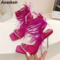 Aneikeh 2023 Sexy Rhinestone Feather Women Sandals Lace-up Summer Shoes Ankle Strap Gladiator Squared Toe Thin Heels Size 35-41