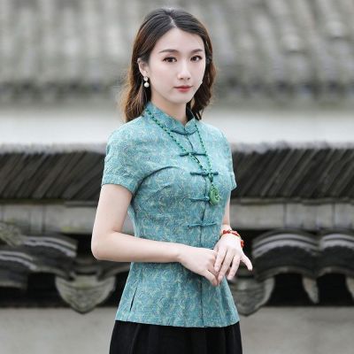 【 New Thaya Women S Stand Collar Hanfu Tops 2022ฤดูร้อนใหม่ผ้าฝ้ายผสมพิมพ์แขนสั้นสไตล์จีน Tang เครื่องแต่งกายเสื้อ