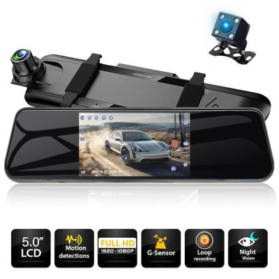 1080P FHD 5 Inch Touch Screen Car Rearview Mirror For Auto Recorder Car DVR Night Vision Dash Cam Dual LensDouble USB