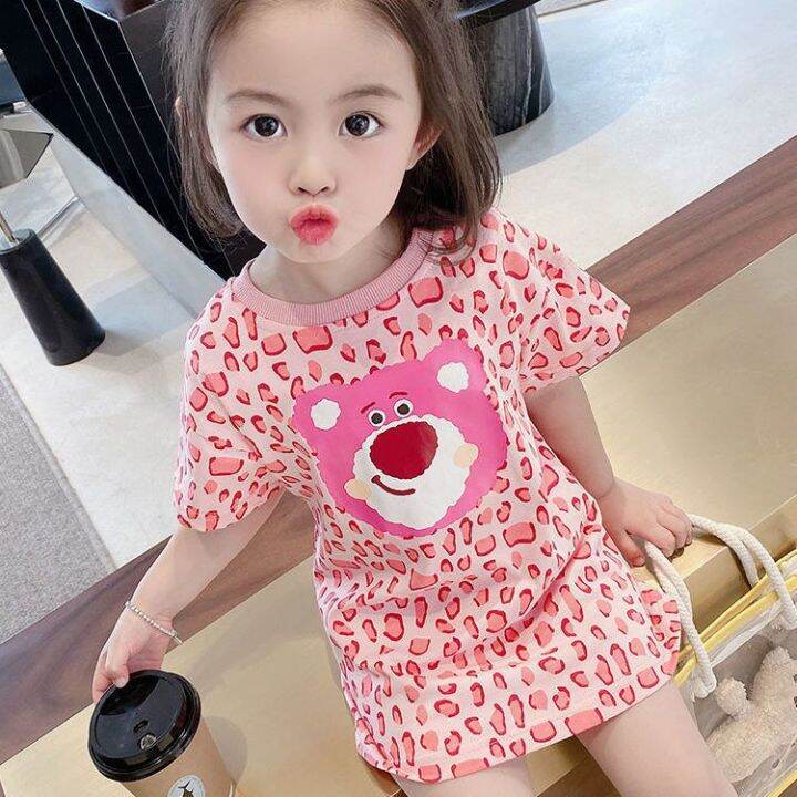 2023 Summer Korean Girls Pink Leopard Print Little Bear Medium Length T-Shirt  Dress Children Cartoon Short Sleeve Dress | Lazada.Vn