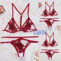 D H? พร้อมส่ง เซ็ตชุดชั้นใน ทรงจีสตริง คล้องคอ ลายลูกไม้ ดีเทลเชือกสองเส้น สีแดงผ้าโปร่ง (AX-8)