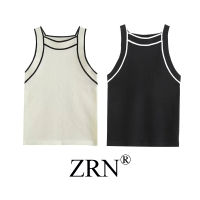 ZRN เสื้อกล้ามถักเข้ารูปงานเย็บปะติดแฟชั่นสำหรับผู้หญิงเสื้อกล้ามวินเทจคอกลมแขนกุดเสื้อโค้ทสตรีแนวชิค