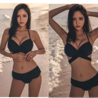 Korean Chest Gathered Beach Bikini Set Summer 2 Pieces Swimwear