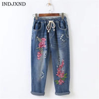 【CW】Women Pencil Pants Stretch High Waist Skinny Embroidery Jeans Without Ripped Woman Floral Holes Denim Pants Trousers Women Jeans