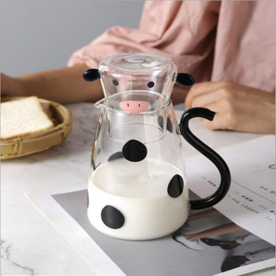 Transparent Borosilicate Glass Teapot Heat-Resistant Cartoon Cow Shaped Flower Tea Pot and Cup Set WaterMilk Kettle Coffee Pot