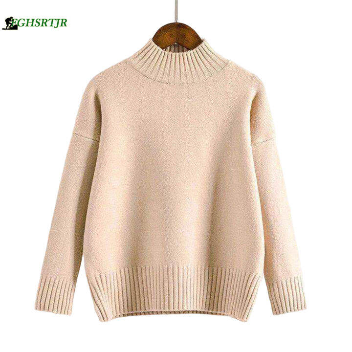 เสื้อถักฤดูหนาวสีทึบแขนยาวสำหรับผู้หญิง-เสื้อสเวตเตอร์ถักทรงหลวมเหมาะสำหรับใส่ไปช้อปปิ้ง