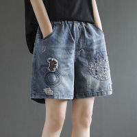 Womens Denim Shorts Loose Embroidery Pattern Wide Short Elastic Waist Summer Shorts Jeans Plus Size Clothing for Women 4xl 5xl