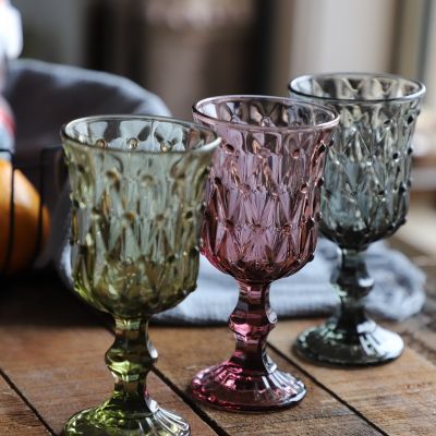【CW】☃  1 Piece 210ml 70z Beaded Embossed Colored Goblet Pink Wine Glasses Goblets Stemware Glass Cup