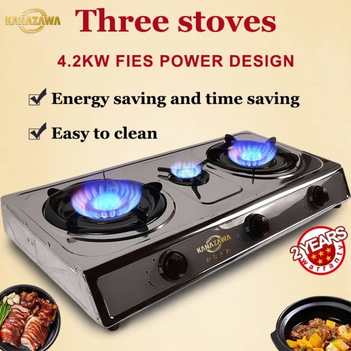 KANAZAWA Gas Stove,Three Burner Stove Stainless Body,4.2Kw Firepower
