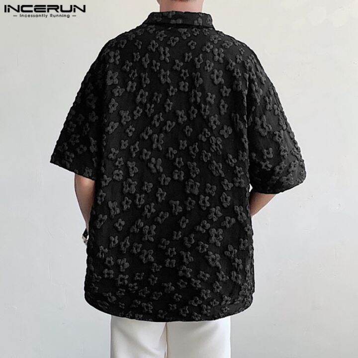 incerun-เสื้อเชิ้ตแขนสั้น-ลายดอกไม้นูน-แฟชั่นสําหรับผู้ชาย