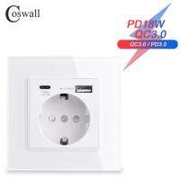 COSWALL Tempered Glass Panel White EU / Spain / Russia Wall Power Socket Grounded With 18W Type-A &amp; C Dual USB Fast Charger