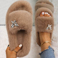 Fluffy Slippers Rhinestone Butterfly Faux Fur Slides Women Sandals Platform Flip Flops Custom Indoor Slippers Luxury Flat Shoes