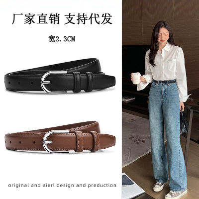 2023 New Belt Womens Genuine Leather Casual Versatile High Grade Matching Suit Pants, Jeans Belt, Trendy Silver Button Trouser Pockets  61AJ