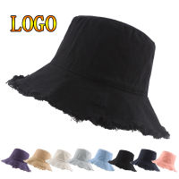 New Custom Logo Tassel Washed Denim Bucket Hats Women Cotton Plain Wide Brim Foldable Fishermans Hat Outdoor Beach Panama Cap2023