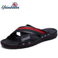 YEINSHAARS Brand 2023 Summer Men Slippers Fashion Leather Cross Strap Beach Water Shoes Men High Quality Slippers Big Size:38-47