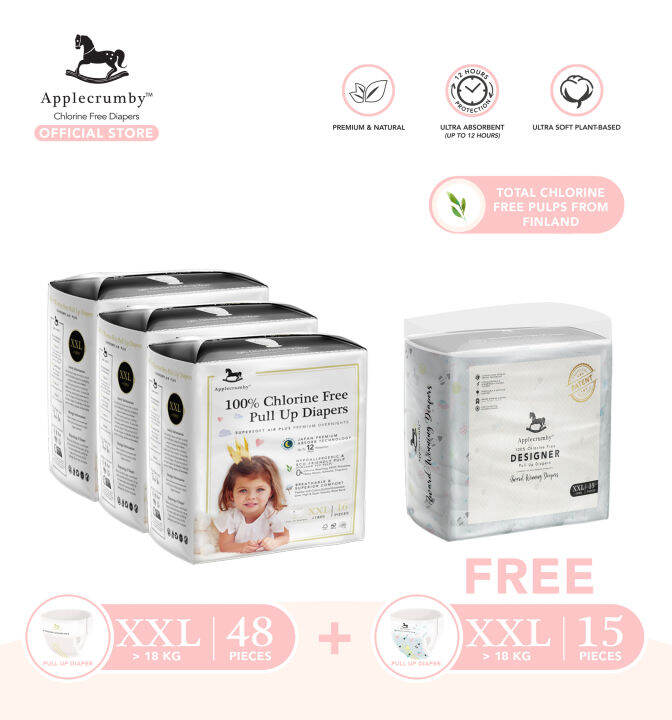Applecrumby Chlorinefree XXL Pullup Baby Diapers (18 kg) 16pcs x 3