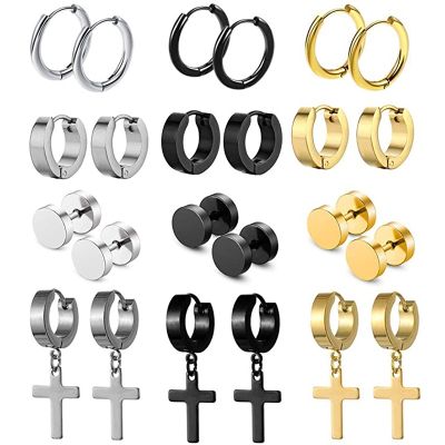 1/12 Pairs of Earrings Stainless Steel Cross Earrings Set Men’s Women’s Earrings Small Huggie Hoop Cross Earrings 857