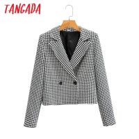 Tangada Women Houndstooth Tweed Blazer Coat Short Style Double Breasted Long Sleeve Female Outerwear Chic Tops SY35