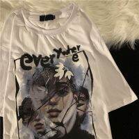 COD 【HOT】100% cotton summer new retro abstract character printed short-sleeved T-shirt womens loose leisure all-matching to