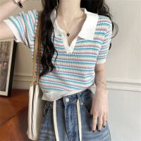 Korean Style Off-Shoulder Contrast Color Striped Polo Short-Sleeved T-Shirt Womens Summer Small Design Knitted Short Top