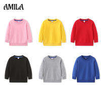 เสื้อกันหนาวเด็ก AMILA ผ้าฝ้ายบริสุทธิ์เทอร์รี่บางสีทึบแขนคอกลมยาวด้านบน