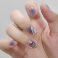 [COD] Internet celebrity new wearing nail piece blue gradient smudged manicure patch fashion fairy short thin fake nails finished product