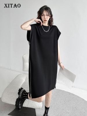 XITAO Dress Black Casual Loose Zipper T-shirt Dress
