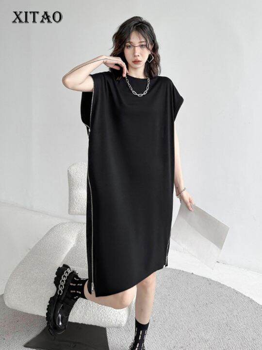 xitao-dress-black-casual-loose-zipper-t-shirt-dress