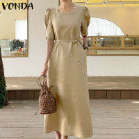 VONDA Women S Leisure Elegant Commute Solid Midi Sundress Business ชุดพัฟแขนสั้นอเนกประสงค์ (สาเหตุเกาหลี)