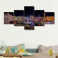 Lizhanmin 5แผง Las Vegas Strip Night Scene กับ Paris Tower ภูมิทัศน์ตึกระฟ้าภาพวาดผ้าใบ Art HD พิมพ์ Home Decor 5ชิ้น