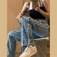 Side Plaid Stitching Sanding High Waist Wide Leg Jeans Patchwork Korean Streetwear Women Denim Pants Hippie Trendy Loose Trouser