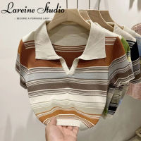 LAREINE เสื้อยืดผู้หญิงแขนสั้นคอปก Kaus POLO Garis เสื้อถักไหมพรมน้ำแข็งทรงหลวม2023เสื้อซับในฤดูร้อน