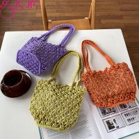 Gusure Casual Knitted Shoulder Bags Women Drawstring Crochet Summer Beach Bag Small Bucket Handbags Ladies Hollow Design Totes