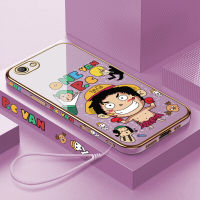 เคสเคสโทรศัพท์สำหรับ OPPO A59 OPPO F1S VIVO V19ฟรีสายคล้อง + การ์ตูนตลกขอบสี่เหลี่ยม Luffy ชุบอะนิเมะเคสโทรศัพท์หรูหราชุบเคสโทรศัพท์นิ่ม