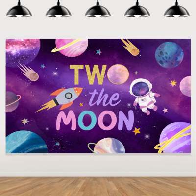 Jollyboom Two The Moon Purple 2nd Birthday Backdrop Outer Space Girl Party Supplies Rocket Astronaut Stars Planet 2nd Birthday Party Decorations Photobooth Props Banner Gifts Favors